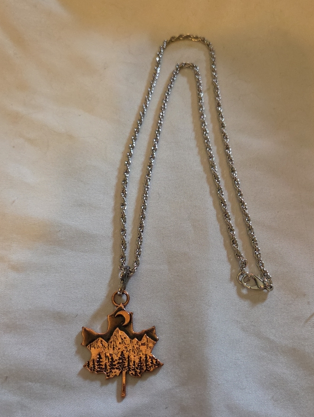 Copper Leaf Pendant Necklace with Mountain Engraving - Women Jewelry